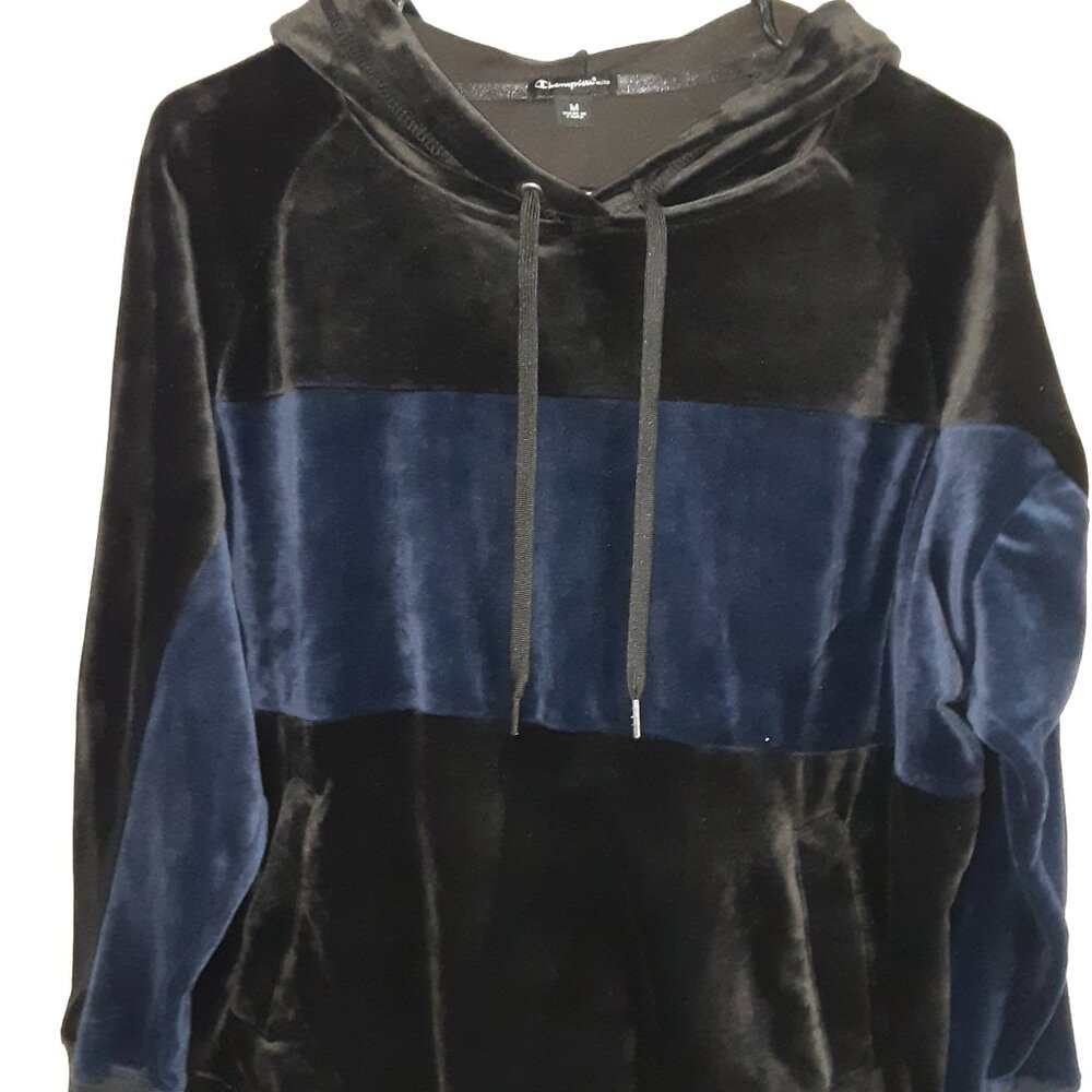 Champion Elite Women's Velour Pullover Hoodie - Colorblock Black & Navy- M - EUC